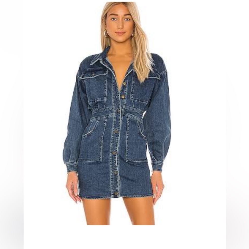 Free People Dark Wash Denim Long Sleeve Botton-Front Mini Dress  size XS - Picture 2 of 16